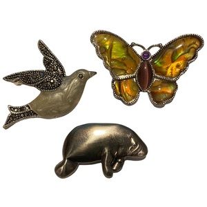 Lot Of 3 Brooches Dove Enameled Faux Abalone Butterfly Silver Tone Manatee
